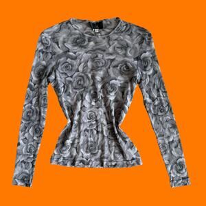 90's vintage rose floral photo print micro mesh long sleeve bodycon top blouse M
